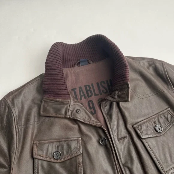 Gap men’s brown genuine leather bomber jacket with ribbed collar / L - Picture 3 of 11